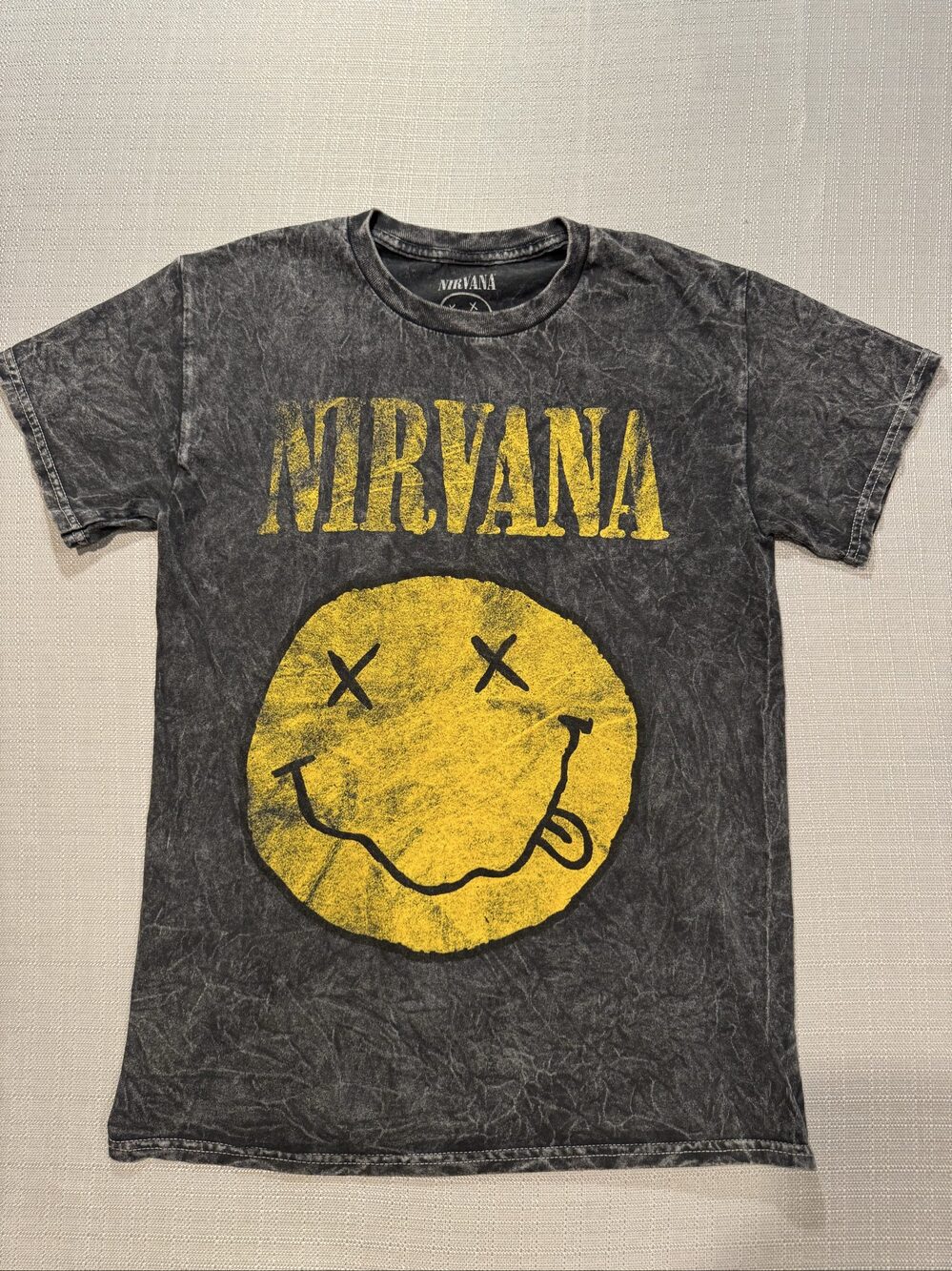 Women's Nirvana Smiley Face Graphic T-Shirt – Black Gray – Small